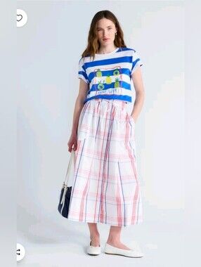 Striped Blue & White Cotton Midi Skirt - White with Red & Blue Plaid 100% Cotton